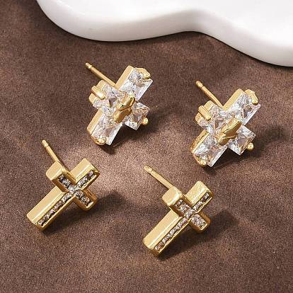 Серьги-гвоздики в форме креста с микропаве из прозрачных кубических цирконий из латуни, долговечная тарелка, стойки покрытие, без свинца и без кадмия