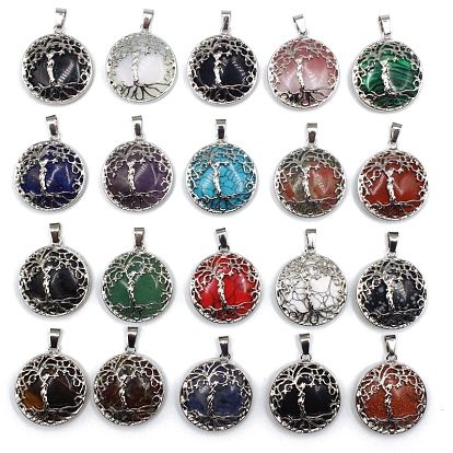 Gemstone Pendants, Tree of Life Charms with Platinum Plated Alloy Findings