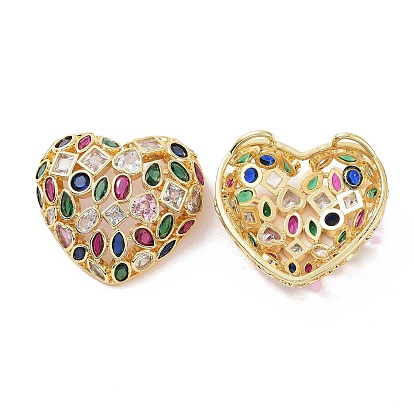 Brass Micro Pave Cubic Zirconia 2-Loop Pendants, Cadmium Free & Lead Free, Hollow Heart Charm