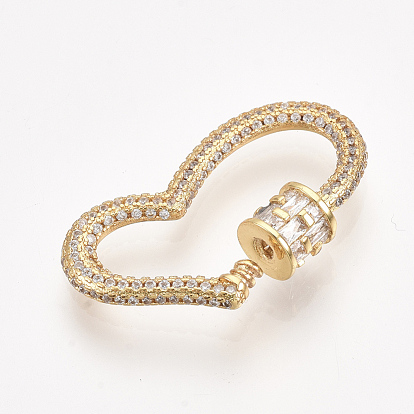 Brass Micro Pave Cubic Zirconia Screw Carabiner Lock Charms, for Necklaces Making, Heart, Clear