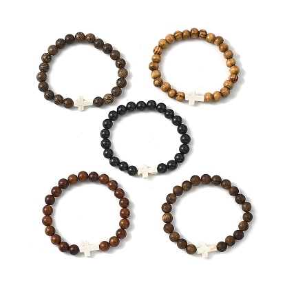 Браслеты из круглых деревянных бусин, крестик из синтетической бирюзы для унисекс