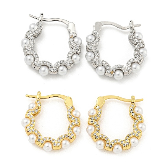 Rack Plating Brass Micro Pave Clear Cubic Zirconia Hoop Earring, Cadmium Free & Lead Free, Long-Lasting Plated, with ABS Imitation Pearl Wave Line Hoop Earrings