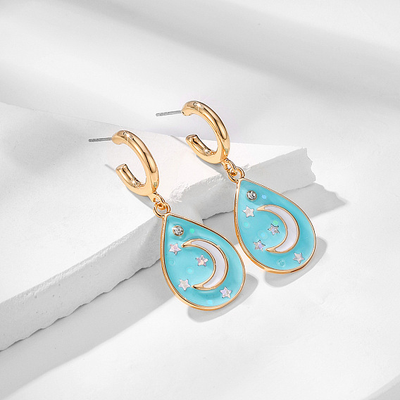 Серьги-гвоздики с эмалью из цинкового сплава в форме капли и луны, с кристально горный хрусталь