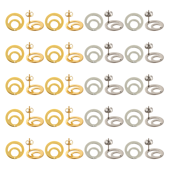 40 шт. 2 цвета 201 плоские круглые серьги-гвоздики из нержавеющей стали, с 304 штифтами из нержавеющей стали и гайками