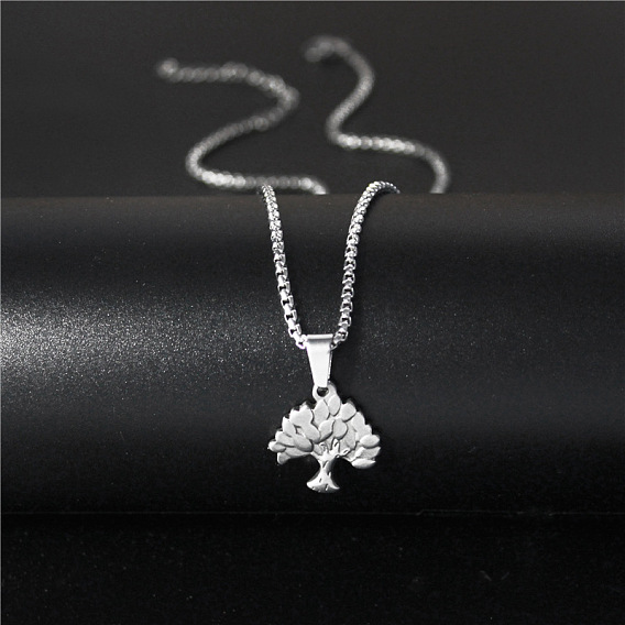 304 Stainless Steel Tree of Life Pendant Box Chain Necklaces for Women, Tarnish Free