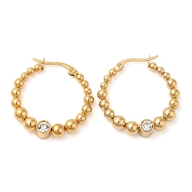 304 Stainless Steel Round Beaded Hoop Earrings with Cubic Zirconia for Women