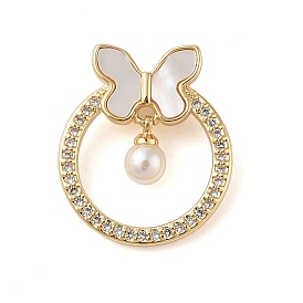 Brass Micro Pave Clear Cubic Zirconia Pendants, with Shell, ABS Imitation Pearl, Butterfly with Ring