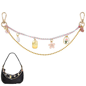 304 Stainless Steel Ball Chain & Cotton Cord Bag Extender Chains, with ABS Plastic Pearl & Natural Strawberry Quartz & Alloy Enamel & 201 Stainless Steel Pendants, Flower