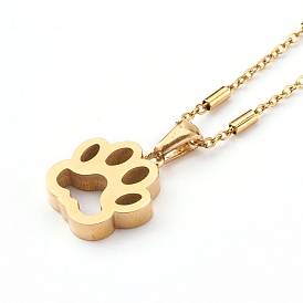 304 Stainless Steel Dog Paw Print Pendant Necklaces, with Cable Chains and Beads