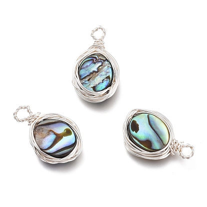 Natural Abalone Shell/Paua Shell Pendants, with Eco-Friendly Copper Wire Wrapped, Oval