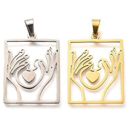 304 подвески из нержавеющей стали, лазерная резка, прямоугольник с подвеской в виде руки и сердца, ионное покрытие (ip)