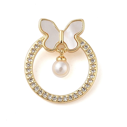 Brass Micro Pave Clear Cubic Zirconia Pendants, Cadmium Free & Lead Free, with Shell, ABS Imitation Pearl, Butterfly with Ring