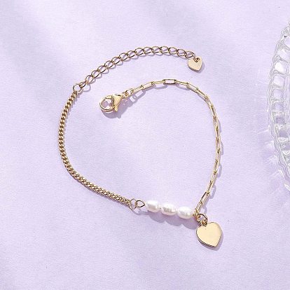 Латунные сердца шарм браслеты, Браслеты из натуральных пресноводных жемчуга и латунных цепочек-скрепок и панцирных цепочек для женщин