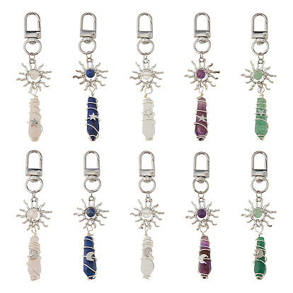 10шт. подвеска в виде острой пули из натурального кварцевого кристалла, аметиста, розового кварца, зеленого авантюрина и лазурита, обмотанная медной проволокой, подвески из сплава в виде солнца и поворотных застежек для украшений сумок
