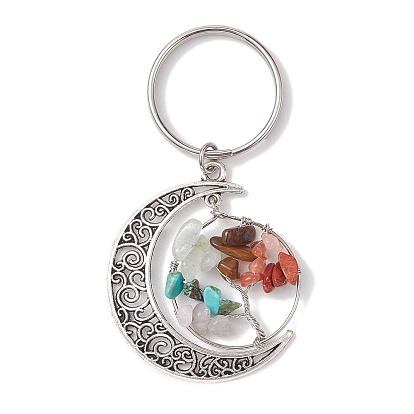 Gemstone Keychain, with 304 Stainless Steel Keychain Clasp and Tibetan Style Alloy  2-Loop Link Pendants, Moon & Tree of Life