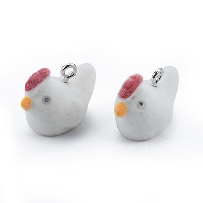 Opaque Resin Pendants, with Platinum Tone Iron Loops, Flocky Chook Charms