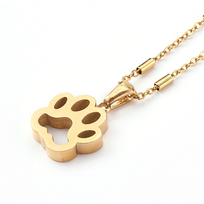 304 Stainless Steel Dog Paw Print Pendant Necklaces, with Cable Chains and Beads
