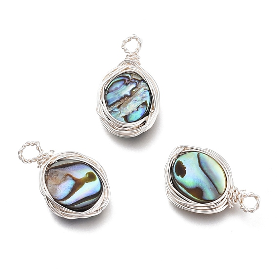 Natural Abalone Shell/Paua Shell Pendants, with Eco-Friendly Copper Wire Wrapped, Oval