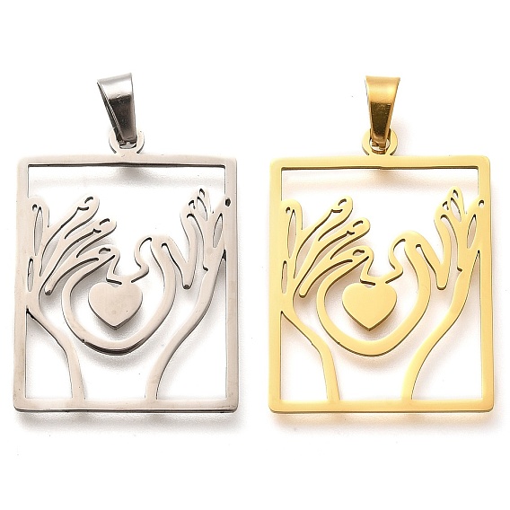 304 подвески из нержавеющей стали, лазерная резка, прямоугольник с подвеской в виде руки и сердца, ионное покрытие (ip)