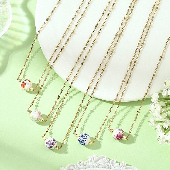 Handmade Flower Printed Porcelain Round Pendant 304 Stainless Steel Satellite Chain Necklaces for Women, Mixed Color