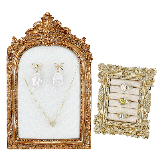 1Pc Arch Shape Resin & Velvet Photo Frame Necklace Display Stands, with 1Pc Resin Ring Organizer