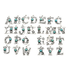 Synthetic Turquoise & Alloy Pendants, Letter Charms, Antique Silver