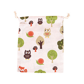Linen Storage Bags, Drawstring Pouches Packaging Bag, Rectangle with Owl Pattern