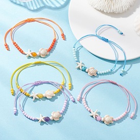 Регулируемые браслеты из натуральных смешанных драгоценных камней и стеклянного бисера в виде морской звезды и черепахи., смешанные окрашенные и неокрашенные