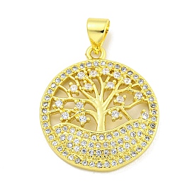 Rack Plating Brass Micro Pave Clear Cubic Zirconia Pendants, Long-Lasting Plated, Cadmium Free & Lead Free, Flat Round with Tree of Life