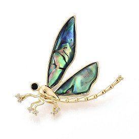 Булавки из раковины пауа, латунная брошь-булавка с кубическим цирконием, инкрустированная бриллиантами., стрекоза, золотые