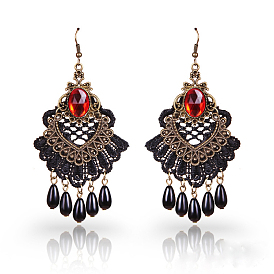 Серьги-люстры из пластикового сплава, со стеклом, веер со слезой, античная бронза