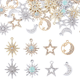 40Pcs 8 Styles Alloy Rhinestones Pendants, Moon & Star & Sun Charms