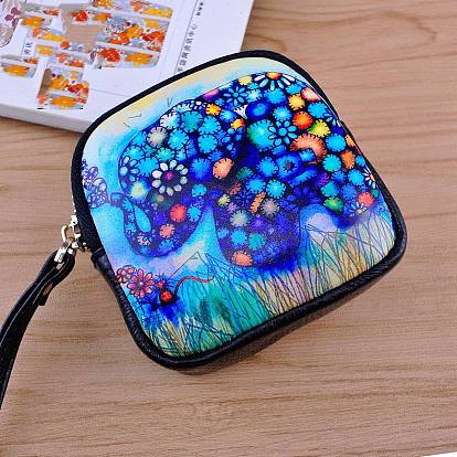 Leather Clutch Bags, Change Purse with Zipper, for Women, Square with Cat/Owl/Deer Pattern
