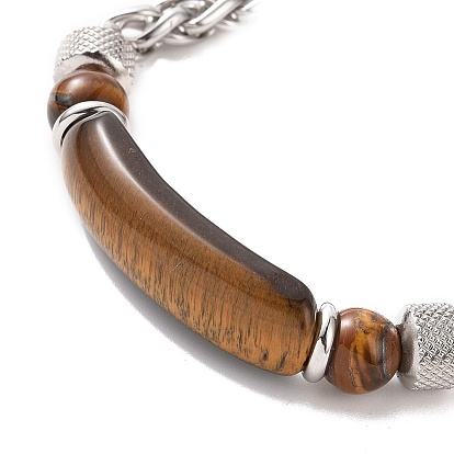 Natural Gemstone Curved Tube Bead Bracelets, 304 Stainless Steel Chain Bracelets for Women