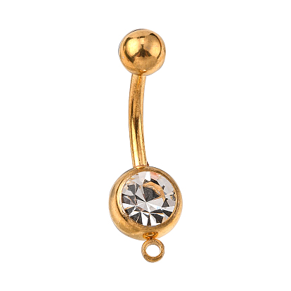 201 Stainless Steel Navel Rings, Belly Button Rings, Curved Barbell with Loop & Rhinestone, Piercing Jewelry, Golden