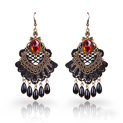 Серьги-люстры из пластикового сплава, со стеклом, веер со слезой, античная бронза