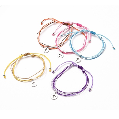 Waxed Polyester Cord Braided Bracelets, with Brass Beads, 304 Stainless Steel Charms, Flat Round with Cross