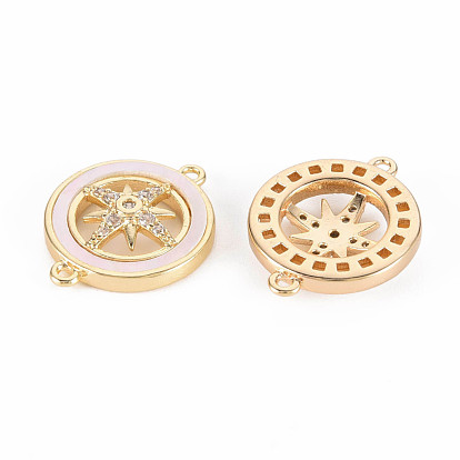 Brass Micro Pave Clear Cubic Zirconia Links Connectors, with Freshwater Shell, Nickel Free, Flat Round With Star