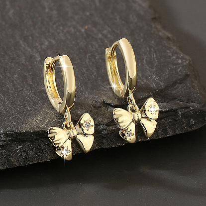 Brass Micro Pave Cubic Zirconia Bowknot Hoop Dangle Earrings for Women
