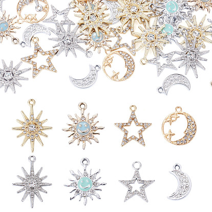 40Pcs 8 Styles Alloy Rhinestones Pendants, Moon & Star & Sun Charms