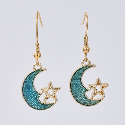 Dangle Earrings, with Alloy Enamel Pendants and 304 Stainless Steel Earring Hooks, Moon with Star