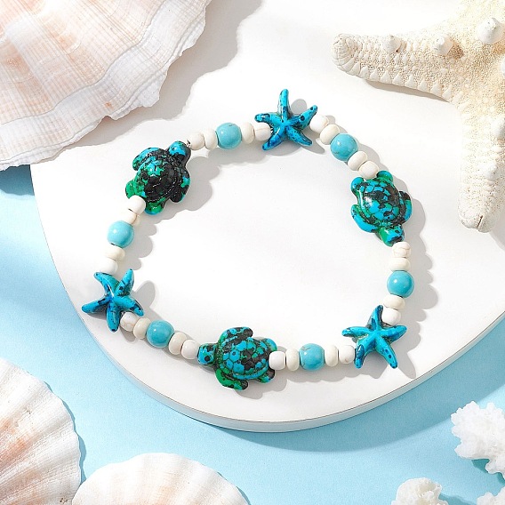 Синтетические бирюзовые бусины с морскими звездами и черепахами, эластичные браслеты для женщин