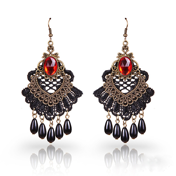 Серьги-люстры из пластикового сплава, со стеклом, веер со слезой, античная бронза