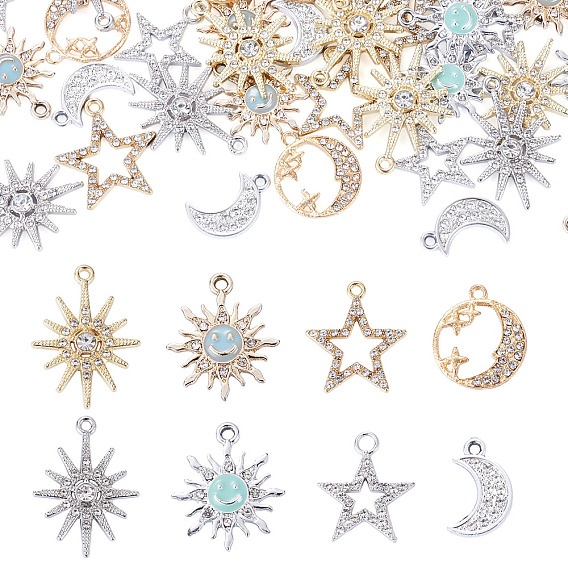 40Pcs 8 Styles Alloy Rhinestones Pendants, Moon & Star & Sun Charms