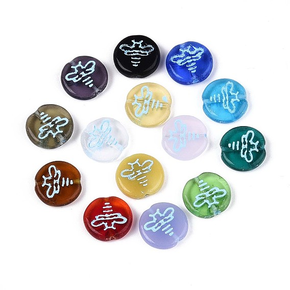 Окрашенные стеклянные бусины, плоские круглые с бабочкой