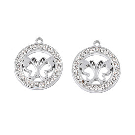 304 Stainless Steel Pendants, with Crystal Rhinestone, Ring with Butterfly