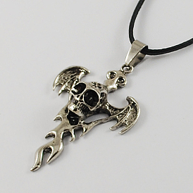 Zinc Alloy Skull and Cross Necklaces for Halloween, with Zinc Alloy Pendants, Zinc Alloy Lobster Claw Clasp, Iron Chains and Waxed Cord, 17.1 inch