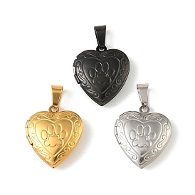 316 подвески из нержавеющей стали Locket, с 304 защелкивающимися дужками из нержавеющей стали, подвесками-рамками для фотографий из нержавеющей стали, ионное покрытие (ip), сердце с подвесками в виде отпечатка лапы