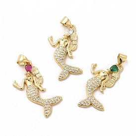 Rack Plating Brass Cubic Zirconia Pendants, Cadmium Free & Lead Free, Real 18K Gold Plated, Long-Lasting Plated, Mermaid Charm