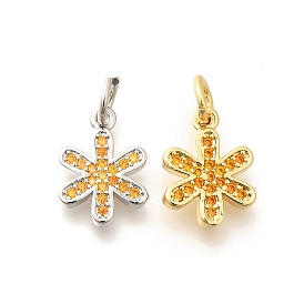 Brass Micro Pave Orange Cubic Zirconia Pendants, with Jump Ring, Long-Lasting Plated, Lead Free & Cadmium Free, Flower Charms